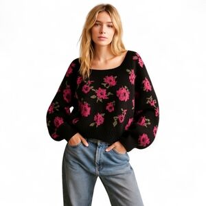 Cato Vintage Rose Print Sweater | Puff Sleeve Square Neck Knit Pullover‎ L NWT